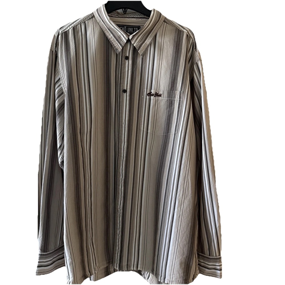 Ecko Unltd Shirt Mens 3XL Casual Pocket Button Up Brown Tan Striped Long‎ Sleeve